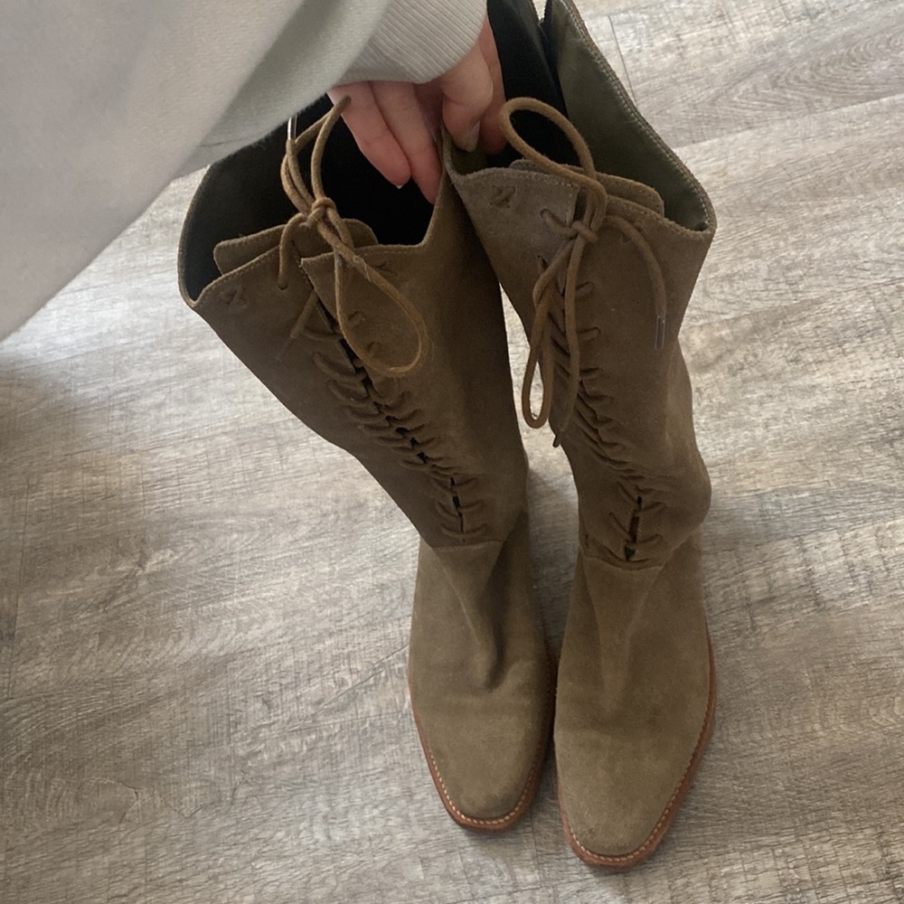 Vintage Cole Haan Country Tall Suede Lace Up Boots Festival Prairie 6 M Green